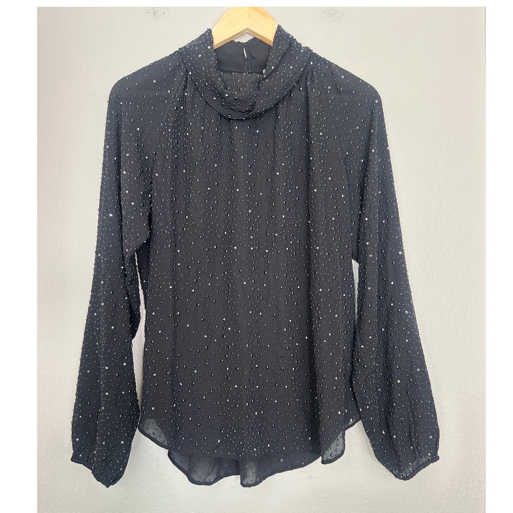 L'AGENCE Blouse 100% Silk Womens 6 Black Beaded Studded Cowl Neck Sheer Luxury